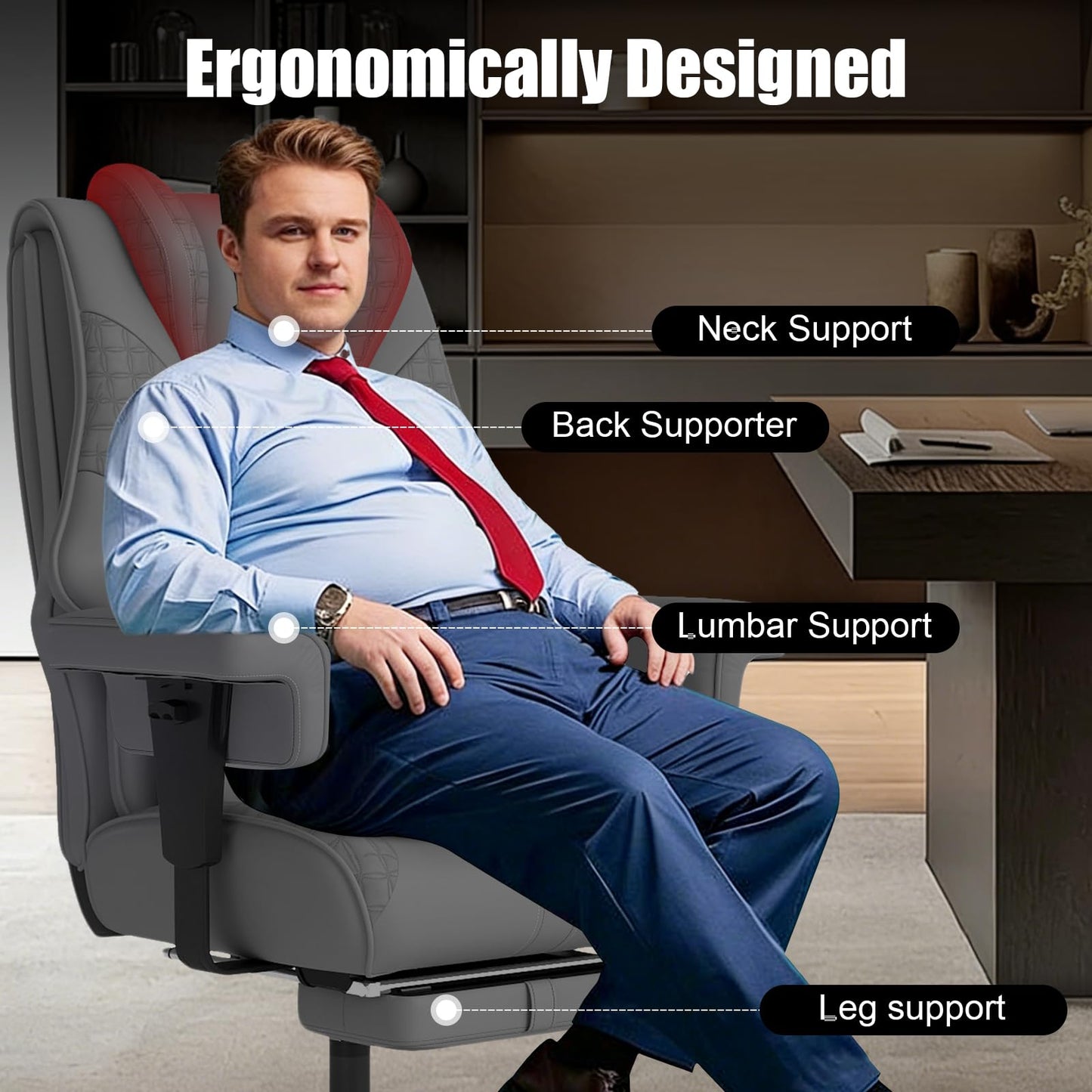 400lbs Big and Tall Office Chair, Wide Ergonomic Leather Executive Chair for Heavy People with Foot Rest, High-Back Reclining Computer Chair with Swivel Wheels and Lumbar Support (Gray)