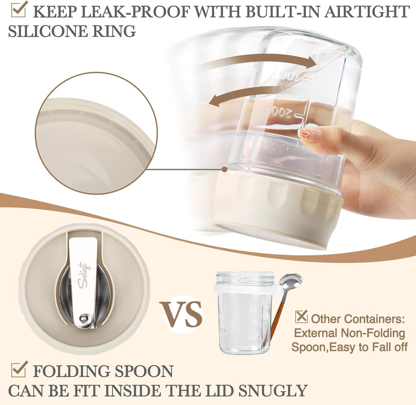16oz (2 Set-Smoke SOLIGT Overnight Oats Containers with Lids, Folding Spoons and Divided Compartment for Fruit & Nuts