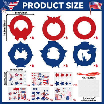 QOUBAI 36 Set Patriotic Wreath Craft Kit for DIY 4th of July Paper Crafts American Flag Stickers Hanging Ornament for Memorial Independence Day Art Activity Home Decor Supplies
