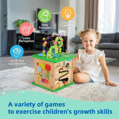 TOOKYLAND 5 in 1 Activity Center, Wooden Large Activity Play Cube 23"X13"X13", Wooden Learning Puzzle Toy for Toddlers, with Animal Friends, Shapes, Mazes, Shape Sorter