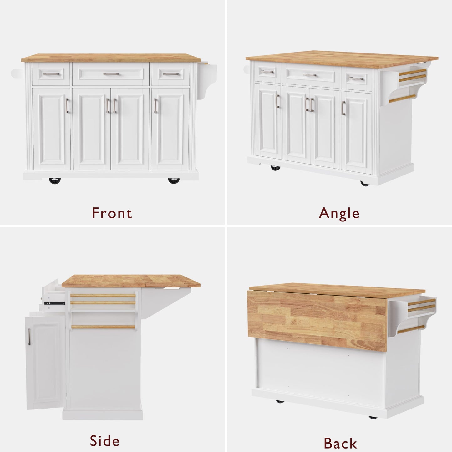 Ball & Cast Modern Large Kitchen Island with Rubber Wood Drop Leaf, Embossed Texture Rolling Cart on 4 Wheels W/4 Doors & 3 Drawers, Mobile Storage Kitchen Islands W/Storage for Dining Room,White,54"