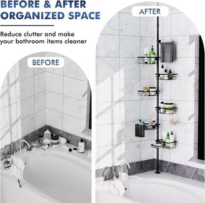 Shower Caddy Organizer - Rustproof Tension Pole with Adjustable 30-120 Inch Rack | 6-Pack Corner Shelf, Towel Bar & Soap Dish in Black