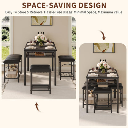 Garvee Dining Table Set for 4, Kitchen Table with Upholstered Bench and 2 Stools, 4 Pieces Kitchen Table Set with Storage Rack & Metal Frame for Small Space, Kitchen Table and Chairs Set for Apartment