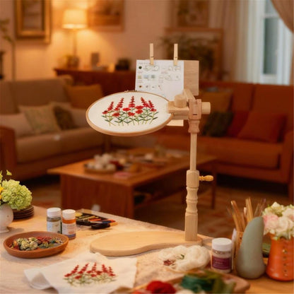 Beech Wood Embroidery Hoop Stand, Adjustable 360° Rotate Cross Stitch Needlepoint Stand Wooden Sitting Embroidery Hoop Frame