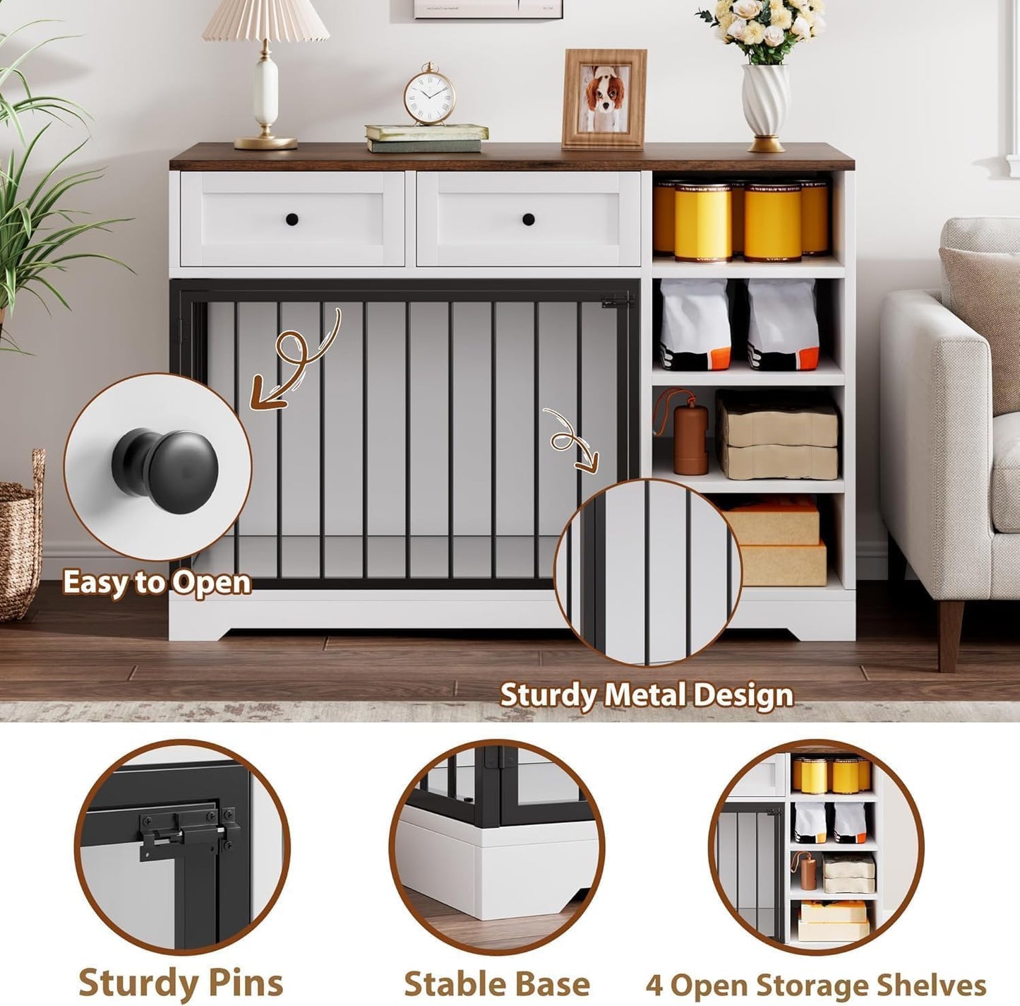 Garvee 47 in Dog Crate Furniture with 2 Storage Drawers, 4 Deep Shelves, Farmhouse Extra Large Wooden Dogs Cage End Table, Multi-Functional Indoor Dog Kennel for Large Medium Dogs