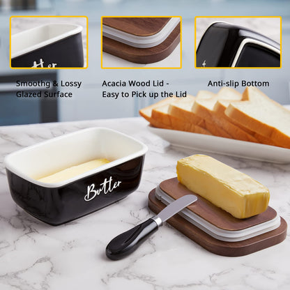 ALELION Black Butter Dish with Lid and Knife for Countertop - Airtight Ceramic Butter Keeper Container with Thick Acacia Wood Lid for Counter or Fridge - for Farmhouse Kitchen Decor and Accessories