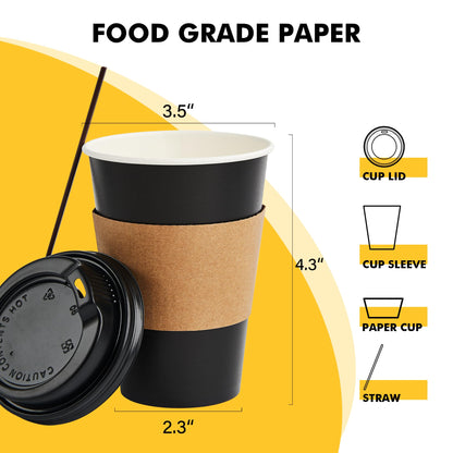 RACETOP 12 oz Paper Coffee Cups,100 Pack Black Disposable Coffee Cups with Lids, Sleeves and Stirring Sticks, 12 oz Hot Coffee Cup for Hot Drinks, Parties, Picnic, Travel, and Events