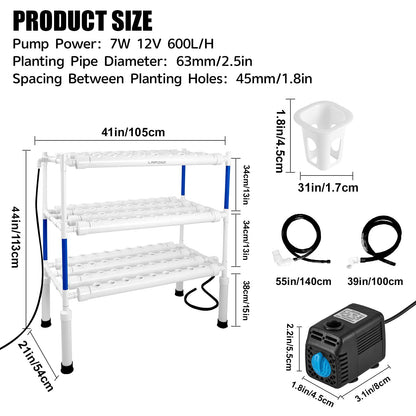 LAPOND Upgraded Hydroponics Growing System Kit 1058 Plant Sites with 7W 12V Submersible Pump and Timer