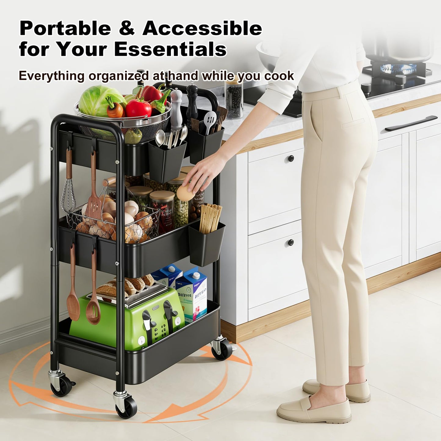 3 Tier Rolling Cart on Wheels, Metal Utility Storage Cart with Wheels, Three Tiered Craft Carts Organizer with Hanging Cups, Hooks, Mesh Basket for Bedside, Kitchen, Bathroom, Office, Art, Snack,Black