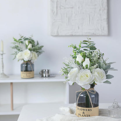 YXZZWL Artificial Flowers with Vase, Faux Silk Roses and Eucalyptus Centerpiece for Home Decor (White)