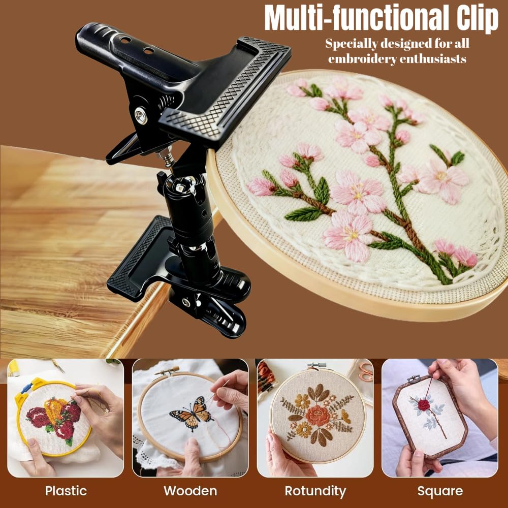 Embroidery Hoop Stand Holder - 360° Rotatable Adjustable Metal Table Clamp for Cross Stitchers,Hands-Free Sewing Needlework Stand,Fits 6–12 Inch Hoops,Portable Embroidery Stand with Protective Pads