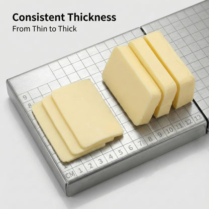 Cheese Slicer Board with Wire, Stainless Steel Cheese Cutter with Measuring Grid, Adjustable Thickness for Cheese & Butter, Includes 5 Replacement Wires