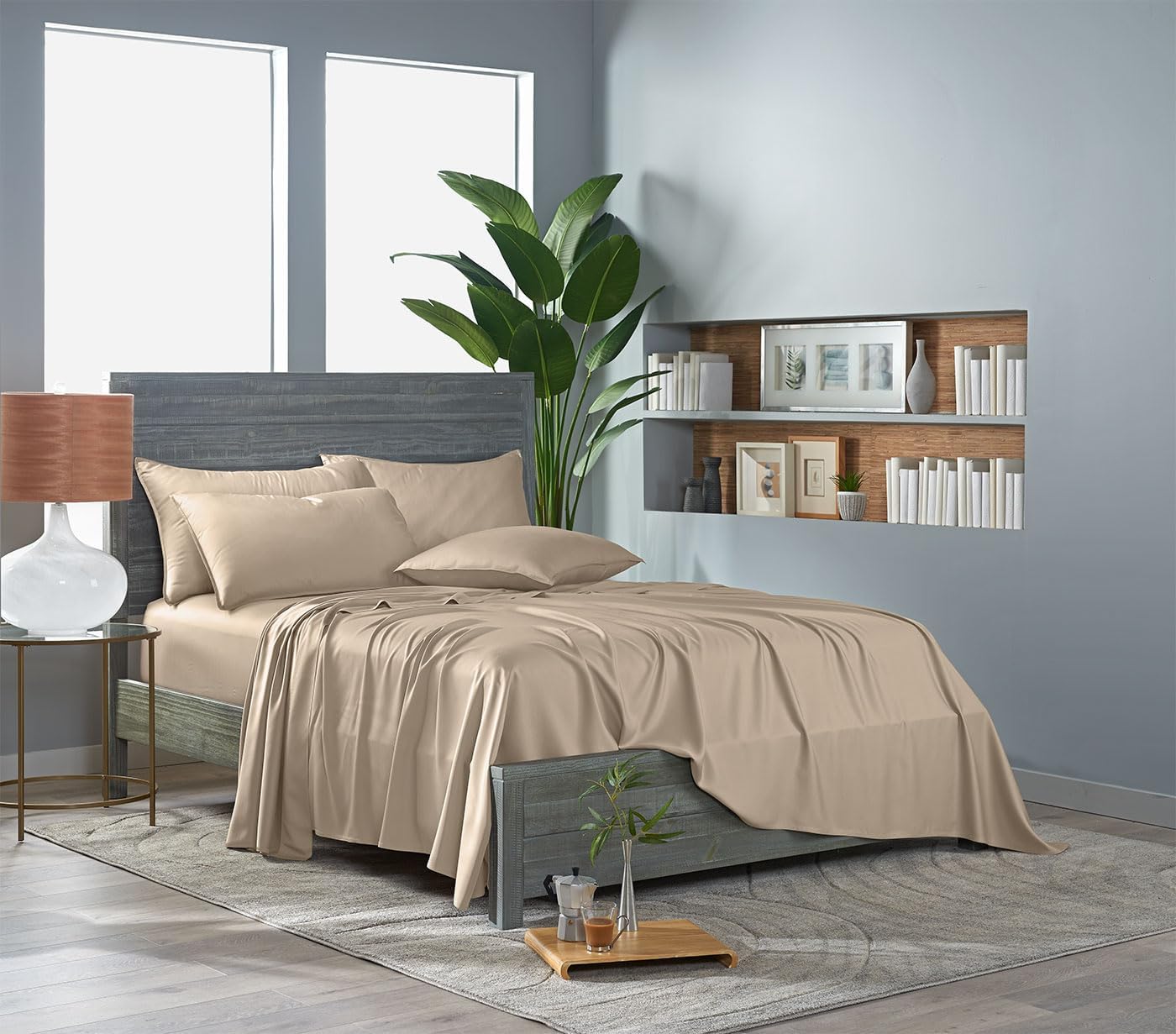 Pure Bamboo Full Bed Sheet Set - Luxuriously Soft & Cooling 100% Organic Viscose | Almond Color, Double Stitching