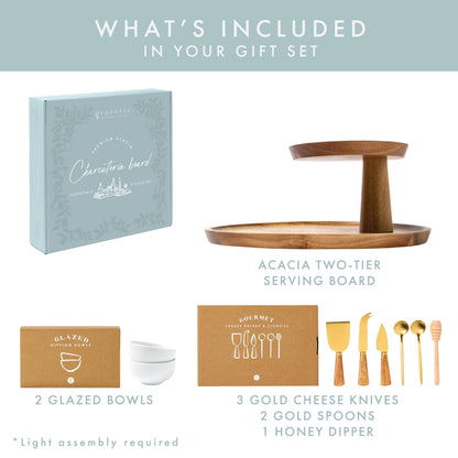 Grazerie Charcuterie Board Set - Round Acacia Cheese Board Tiered Tray Stand with Accessories - House Warming Gifts for New Home, Bridal Shower & Wedding Gift, Birthday Gifts for Women