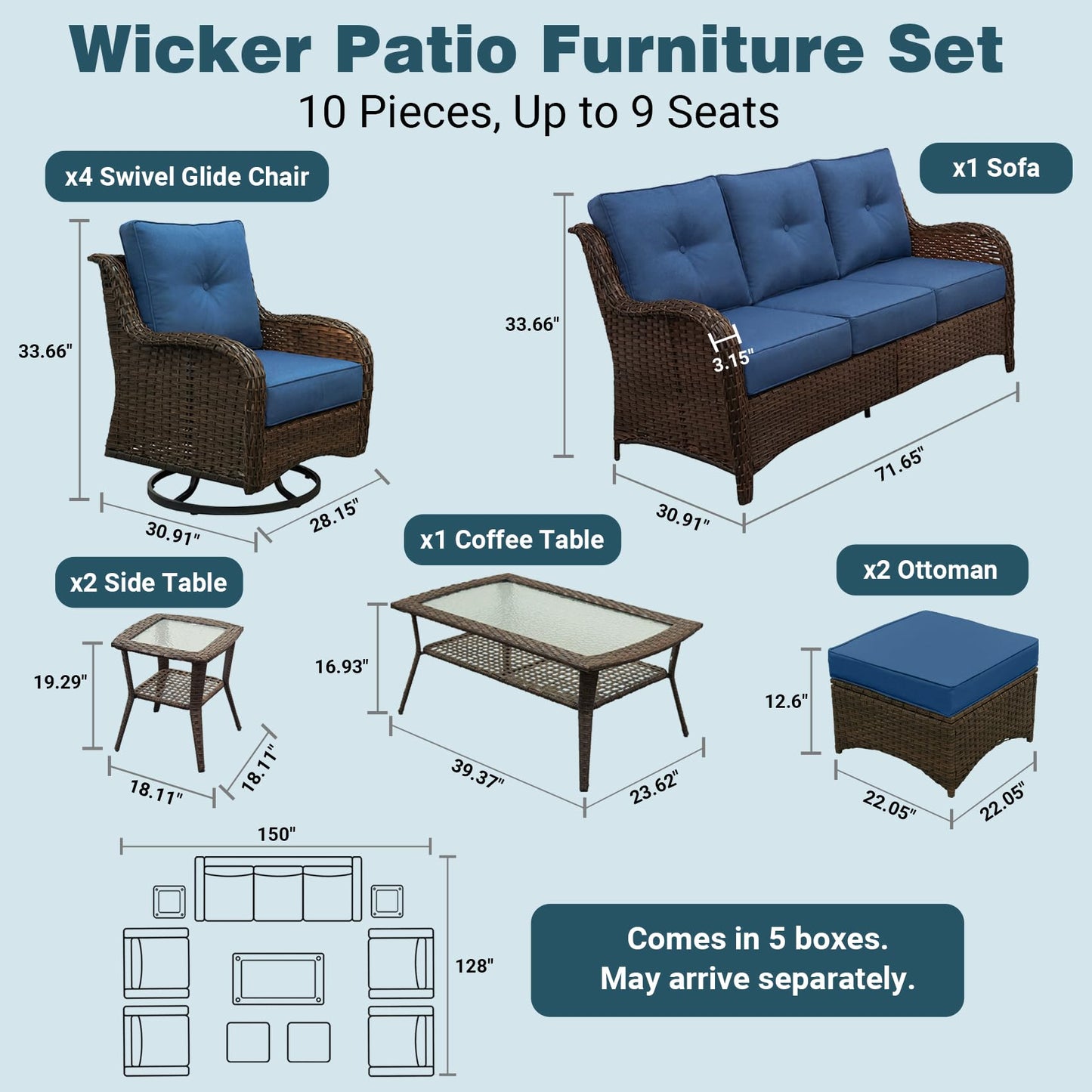 SAILARY Patio Furniture Set, 10PCS Outdoor Wicker Conversation Set with 6" Thick Cushions, High Back Rattan Sofa & Swivel Rocker Chairs, Weather Resistant Olefin Fabric for Garden, Poolside, Navy Blue