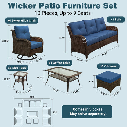 SAILARY Patio Furniture Set, 10PCS Outdoor Wicker Conversation Set with 6" Thick Cushions, High Back Rattan Sofa & Swivel Rocker Chairs, Weather Resistant Olefin Fabric for Garden, Poolside, Navy Blue