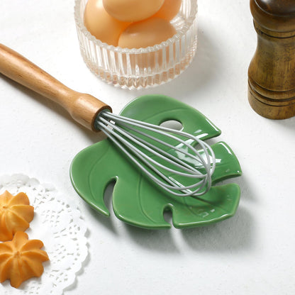 Honeydak Ceramic Spoon Rest for Kitchen Counter Monstera Leaf Shaped Tray Decorative Spoon Rest Tea Bag Dish Tea Light Holder