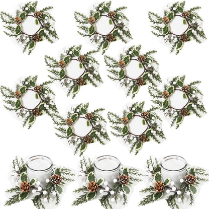 Regine Switzerland Christmas Greenery Candle Rings - 12 Pack with White Berries & Pine Cones | Festive Table Decor