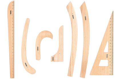 Setchmore 7 Piece Beech Wood Sewing Ruler Set, Wooden Pattern Making & Drafting Tools for Dressmaking Tailoring & Fashion Designer, with Straight Edge, Triangle, French & Hip Curve & Vary Form Curve