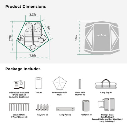 ACACIA Space Tent, 2 to 3 Person Pop Up Camping Tent with 8 Windows and Footprint, Waterproof Windproof Easy Setup Hub Tent for Family Camping, Hiking and Glamping, Moonstone