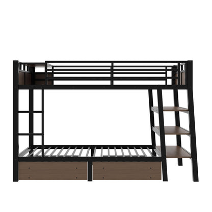 DNYN Modern Metal Bunk Bed Frame with Storage Shelves and USB Ports for Teens/Adults Bedroom, Space-Saving Twin Size Bed with LED Strip and 2 Drawers, No Box Spring Needed & Easy Assemble