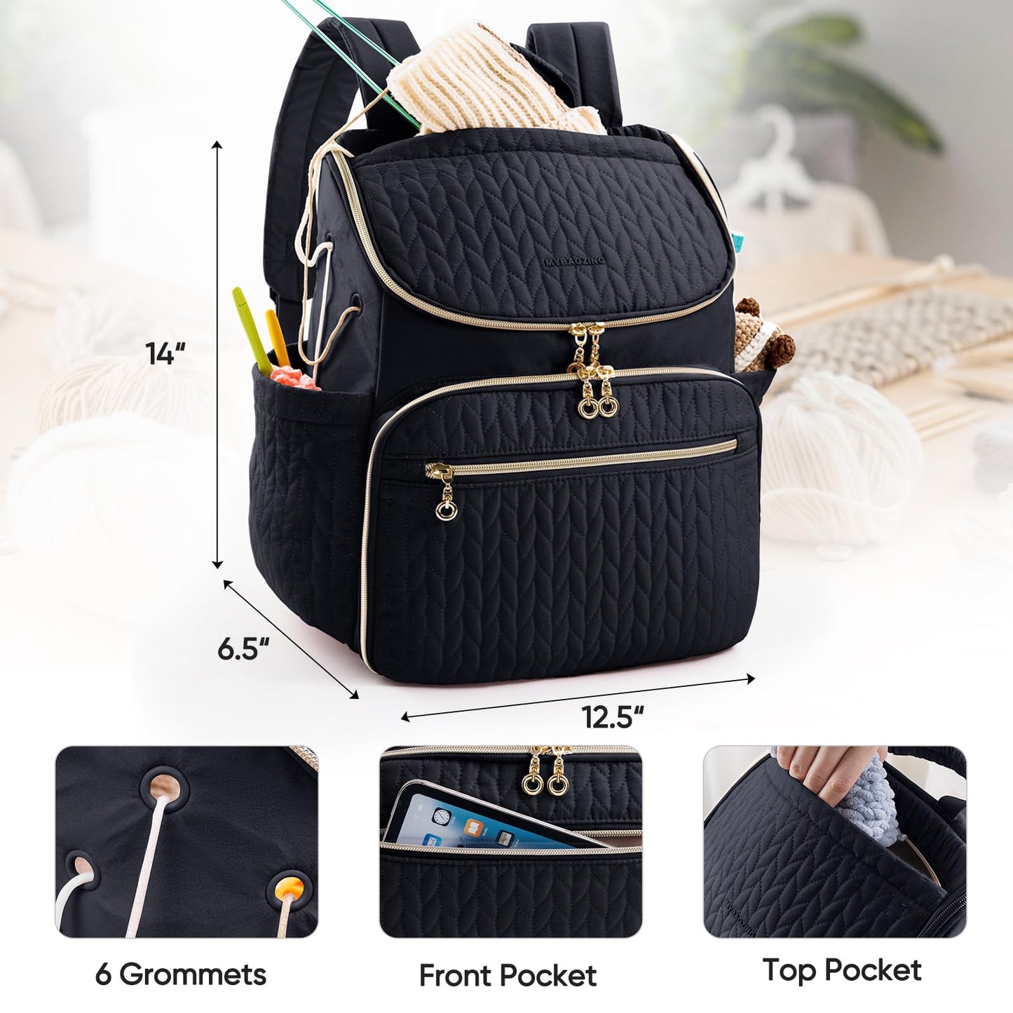 MYBAGZING Knitting Bag Backpack, Large Crochet Backpack - Crochet Bag Organizer, Yarn Storage Organizer - Yarn Holder with 10 Pockets for Crochet Accessories, Knitting & Crochet Supplies, Crochet Gift