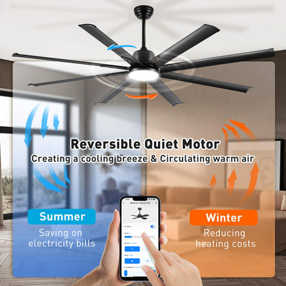 72 lnch lndustrial Smart Celing Fan with Light and Remote Control via WIFI Alexa,Large Celing Fan with 8 Black Aluminum Blades,6 Speed Noiseless DC Motor,Indoor Outdoor Ceiling Fans for Patio Garage