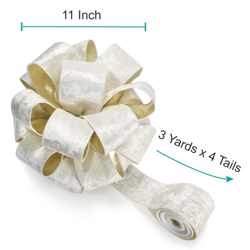 CT CRAFT LLC Ivory Velvet Metallic Backing Christmas Tree Topper Bow 11" with 4 Ribbon Streamers x 3 Yards Long Each for Holidy Elegant Fancy Home Décor Indoor