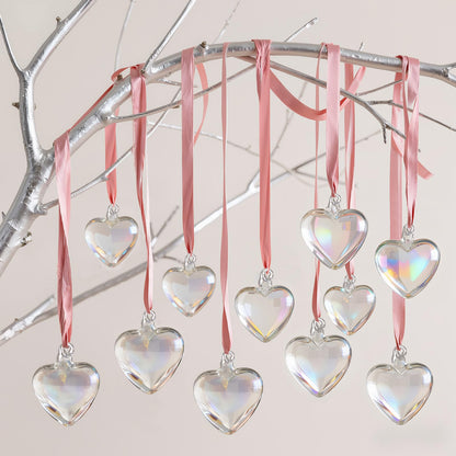Bokon 12 Pcs Valentine Glass Heart Ornaments Valentine Tree Decoration 3.15 Inch Hand Blown Glass Hearts for Tree Clear Iridescent Crystal Ornaments Transparent Hanging Pendant for Wedding Party