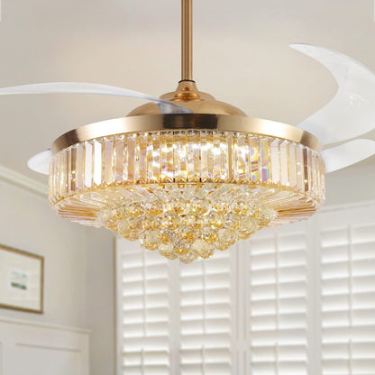MOOONICHE 52 Inch Crystal Ceiling Fan with Light and Remote Modern Dimmable Fandelier Invisible Retractable Chandelier Fan Gold for Bedroom Living Room