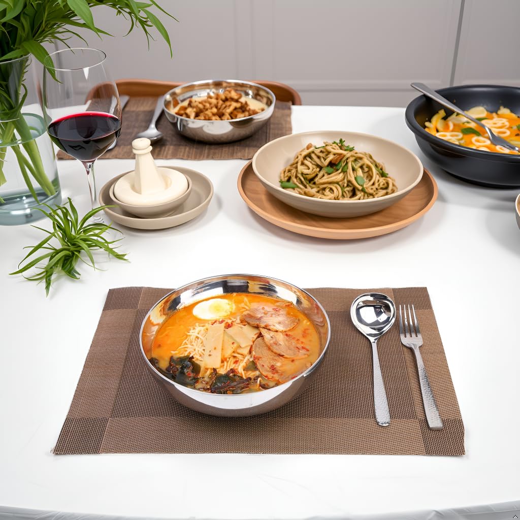 LANGMINGDE 304 Stainless Steel Pasta Bowls, 47oz Double Walled Insulated Soup & Salad Bowls Unbreakable, 8.7" Large Cereal/Ramen/Udon/Noodle/Pho Bowl Plates with Spoons & Forks, Dishwasher Safe
