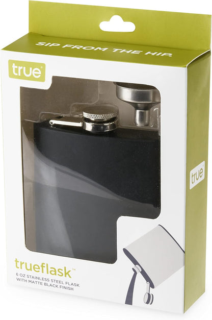 True Stainless Steel Metal Flask for Men, 6 oz Drinking Flasks for Whiskey, Tequila, Rum, Matte Black