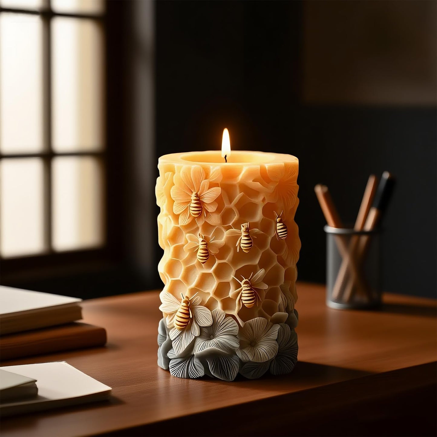 3D Bee Honeycomb Flower Pillar Candle Mold, Silicone Molds for Epoxy Resin Candle Making Wax Aromatherapy & DIY Wax Soap, Home Decoration Handmade Crafts