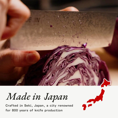 Made In Cookware | 3-piece Japanese Damascus Steel Knife Set (Includes Gyuto, Nakiri and Santoku) | 66 Layers of Damascus Steel with a VG-10 Core | Crafted in Japan | Full Tang With Black POM Handle