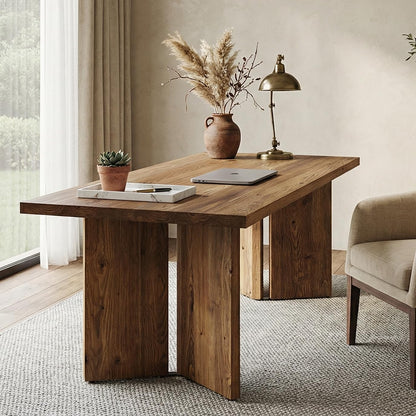 LITTLE TREE 63" Long Large Wood Desks, Solid Wood Office Desk, Farmhouse Executive Computer Desk, Home Office Workstaticon, Work Writing Table, Rustic Brown