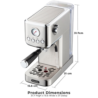 Zulay Kitchen Magia Compact Espresso Machine – 20 Bar Coffee Maker with Milk Frother Steam Wand, Latte & Cappuccino Maker, 1350W Fast Heating, 40oz Removable Water Tank, Stainless Steel – Silver