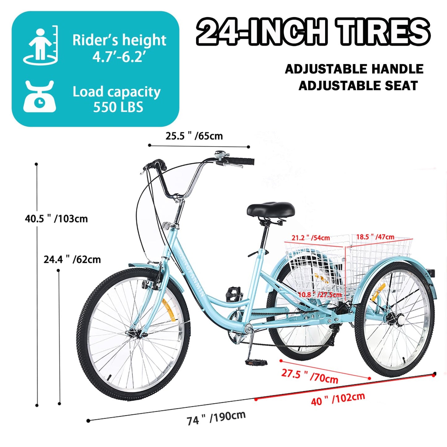 Adult Tricycle 7 Speed, 24 Inch 3 Wheel Trike Load 550lb,with Rear Basket,for Women，Seniors Picnic Exercise Shopping (Blue)