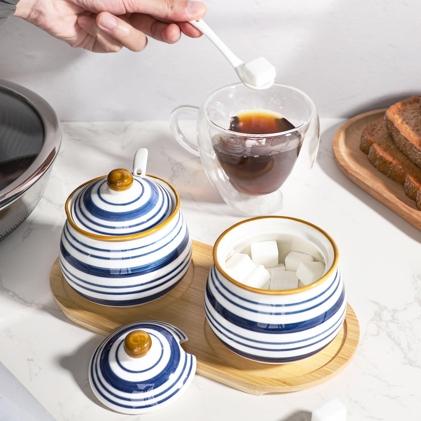 Sailench Sugar Bowl Set of 2,Ceramic Sugar Bowl with Lids and Spoon & Wooden Tray,Sugar Jars for Coffee Bars and Home Kitchens(2, Large)