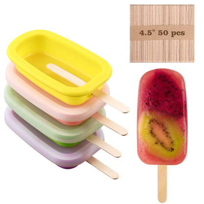 Sakolla 4 Pcs Silicone Popsicle Molds with Lid & 50 Pcs Wooden Popsicle Sticks, Stackable Classic Oval Ice Cream Molds for Homemade Ice Pop, Cakesicles, Freezer Yogurt and Fruit Juice (Multicolor)