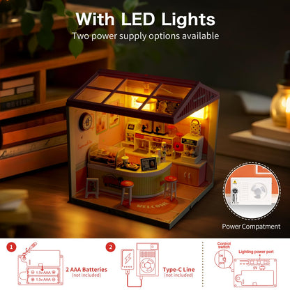 Hallisun LED Building Blocks for Adults, 1:24 DIY Miniature Dollhouse Kits with Roof & Dustproof Cover, Tiny House Toy Building Sets for Kids Ages 8-12-15, Birthday Hobbies Gift for Men Women Boy Girl