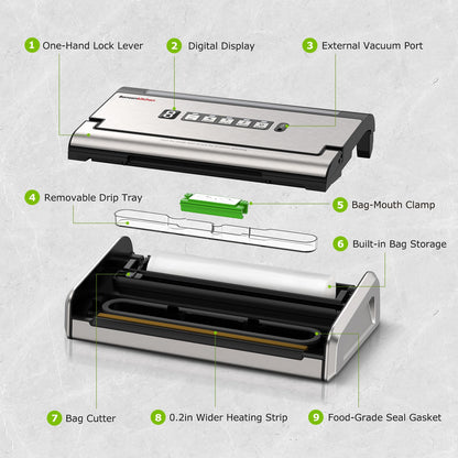 Bonsenkitchen Vacuum Sealer for Food, One-Hand Operation Food Vacuum Sealer Machine with Digital Timer, 0.2-inch wider seal, Built-in Cutter and Bag Storage for Meal Prep, 1 Roll Bag & 10 Pre-Cut Bags