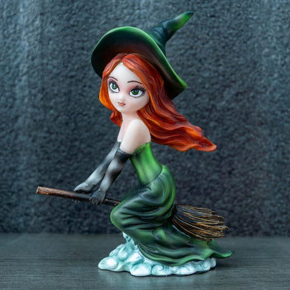 Enchanted Green Witch Resin Statue - Riding Broom Flying Style Figurine, Whimsical Gothic Witchcraft Decor, Fantasy Collectible for Halloween, Christmas & Home Office, Unique Wiccan Altar Accent Gift