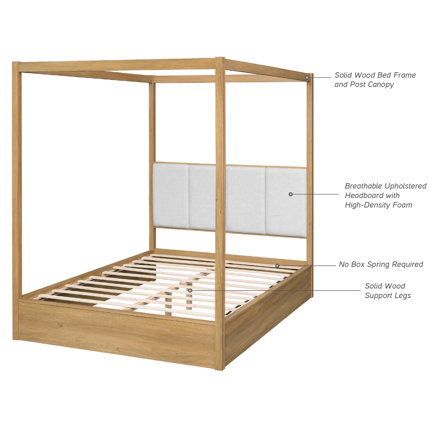 WAMPAT Wood Canopy Bed Frame Queen Size, Solid Wood Poster Bed with 12 Slats and Support Legs, 800 lbs Capacity, No Box Spring Needed, Modern Oak Wooden Bed with Upholstered Headboard for Bedroom
