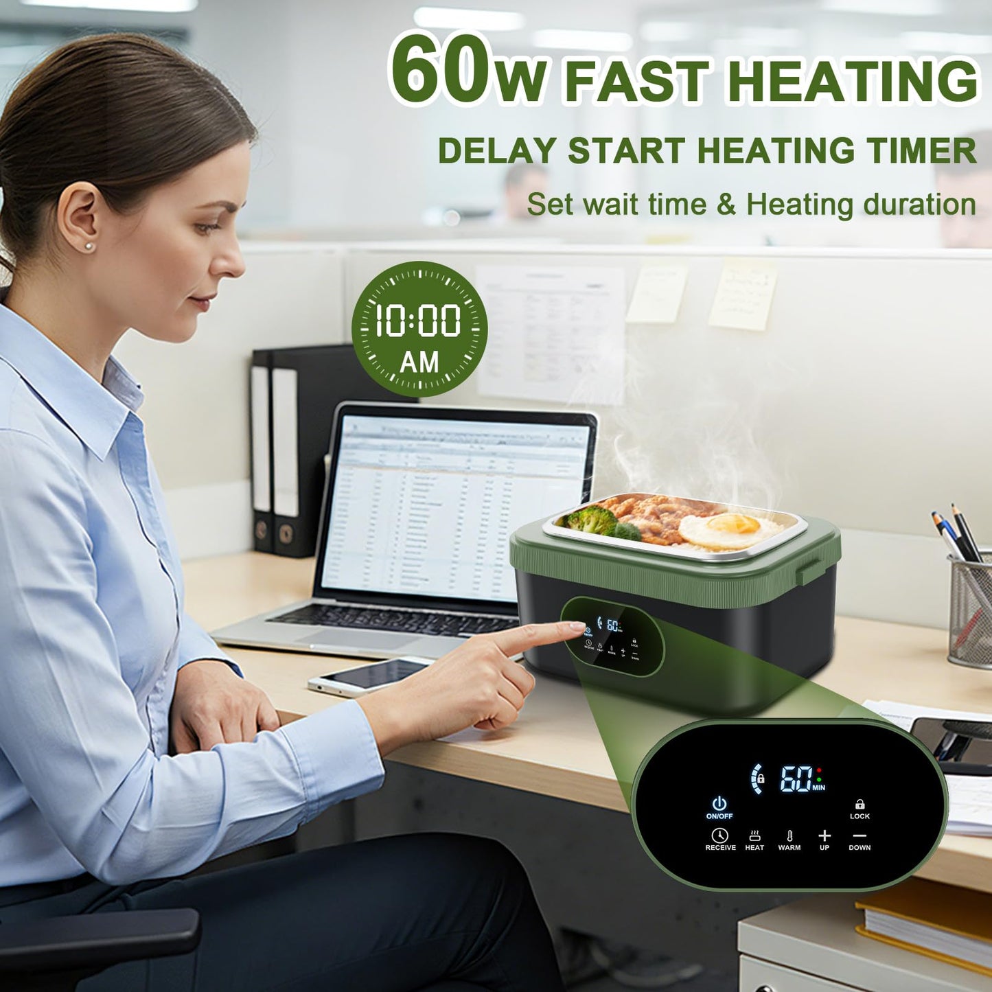 Snidomn Cordless Electric Lunch Box XL 6.3-Cup, 60W Fast Heating Portable Food Warmer with Scheduled Heating, Removable Divider, Large Capacity Heated Lunch Box for Work & Outdoor