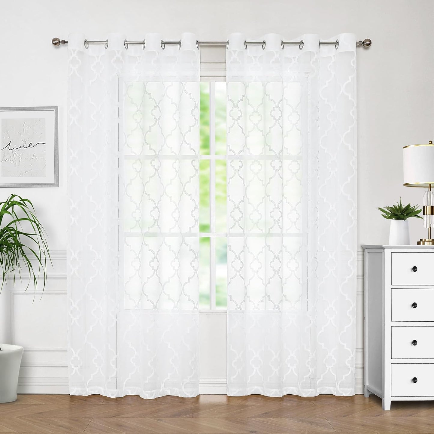 White Sheer Curtains 84 Inches Long, Lattice Geometric Embroidered Semi Sheer Curtain Panels, 52"w x 2pcs, Grommet Top