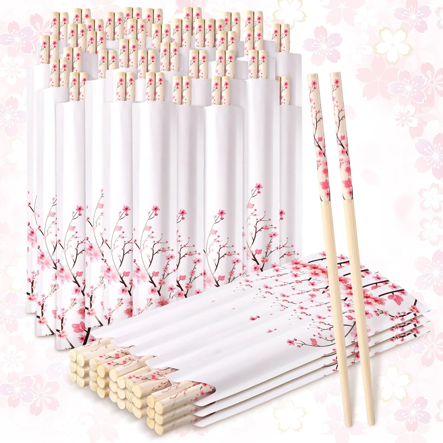 Suttmin 50 Pairs Cherry Blossom Chopsticks Bulk with Sleeved Blue Flower Disposable Bamboo Eucalyptus Chopsticks Wedding Favors Chinese Japanese Food Supply for Takeout Picnic(Cherry)