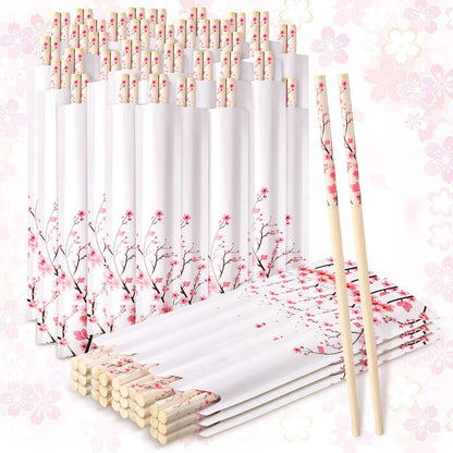 Suttmin 50 Pairs Cherry Blossom Chopsticks Bulk with Sleeved Blue Flower Disposable Bamboo Eucalyptus Chopsticks Wedding Favors Chinese Japanese Food Supply for Takeout Picnic(Cherry)