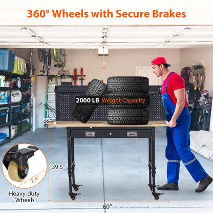 ACONEE 60" Adjustable Workbench with Drawer Storage, Heavy-Duty Worktable with Pegboard & Power Outlet, Solid Steel Frame, 2000LBs Load Capacity Rubber Wood Top Workbench for Garage, Office, Workshop