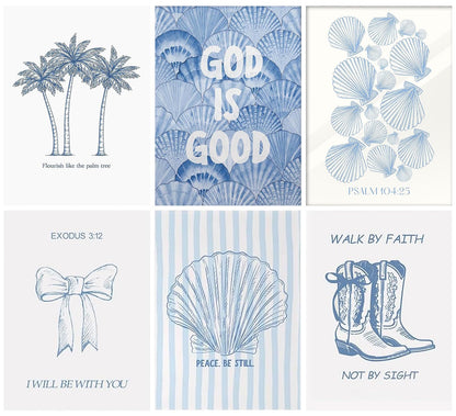 6Pcs Coastal Beachy Diamond Art Kits for Adults Beginners,Full Round Drill 5D DIY Blue Christian Diamond Painting Kits,Paint by Diamonds Dot Gem Art Crystal Easy, Funny Home Wall Decor&Gift-10x12in