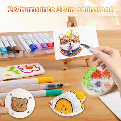 Wanbeiooray 44 Pcs Magic 3D Foam Art Kit with Including 24 Color Acrylic Paint Pens, 30 Foam Texture Paper, 10 Beaded Chains and 1 Mini Display Easel
